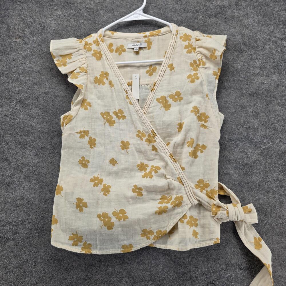 Madewell Blouse Womens S White Kimono Cap Sleeve Belted Floral Bow Ruffle